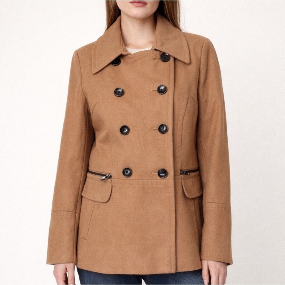 DKNY Double Breasted‎ Wool Blend Peacoat Womens 14 Camel Brown Classic Neutral
